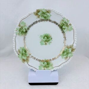 VINTAGE EARLY 20th CENTURY HAND PAINTED FLORAL SERVING DISH W/ GOLD ACCENTS
